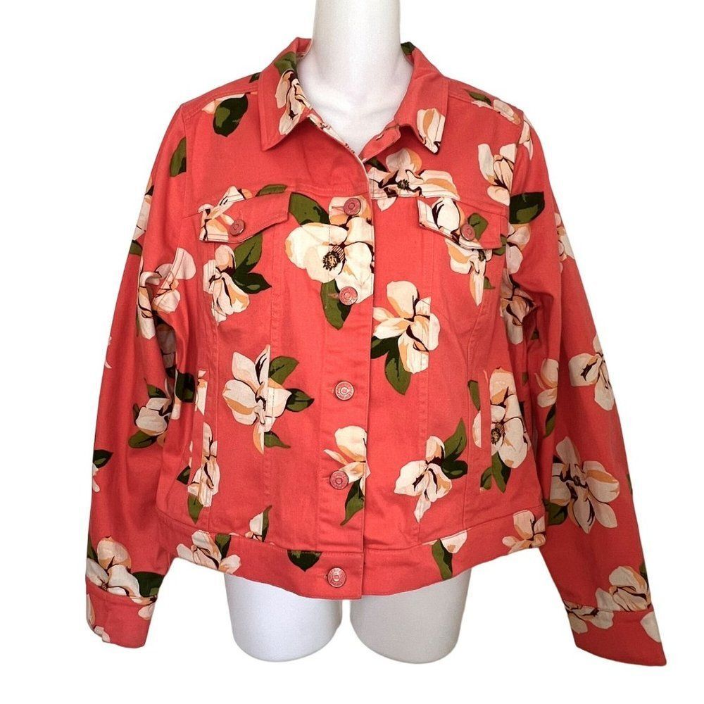 ISAAC MIZRAHI QVC MELON MAGNOLIA FLORAL PRINT TRUCKER STYLE JACKET SIZE 12